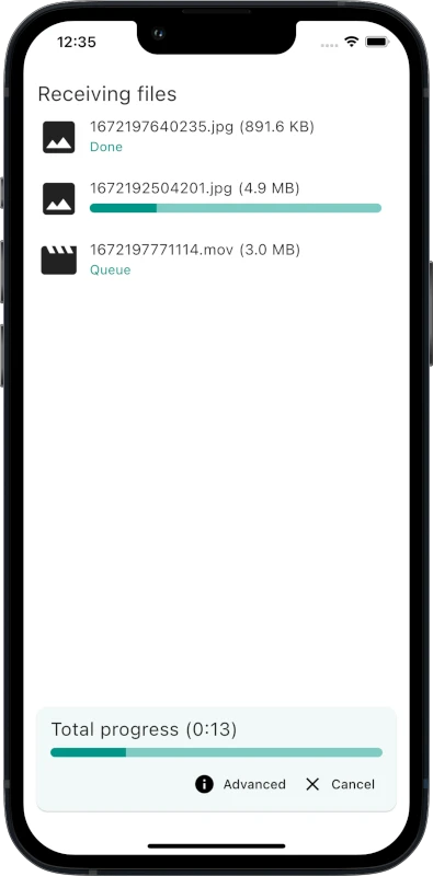 The LocalSend app on an iPhone, on its Receiving files screen: one photo done, a second at a quarter, a video queued, and a total progress bar with Advanced and Cancel.