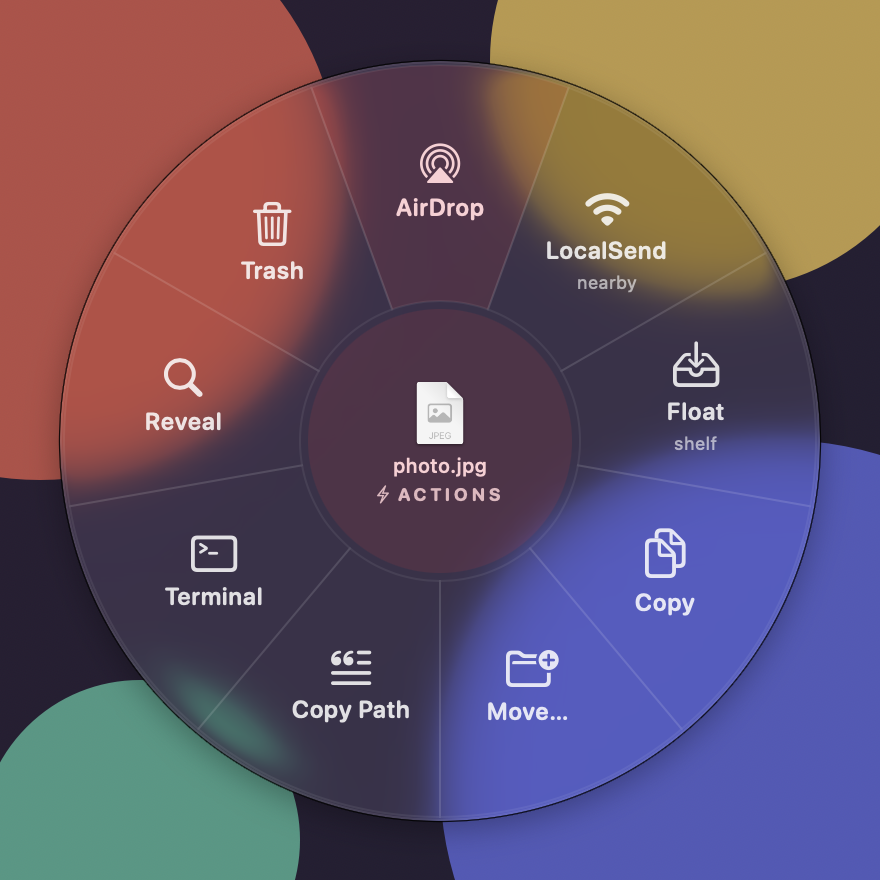 The Actions wheel around photo.jpg: AirDrop, LocalSend, Float shelf, Copy, Move, Copy Path, Terminal, Reveal and Trash.