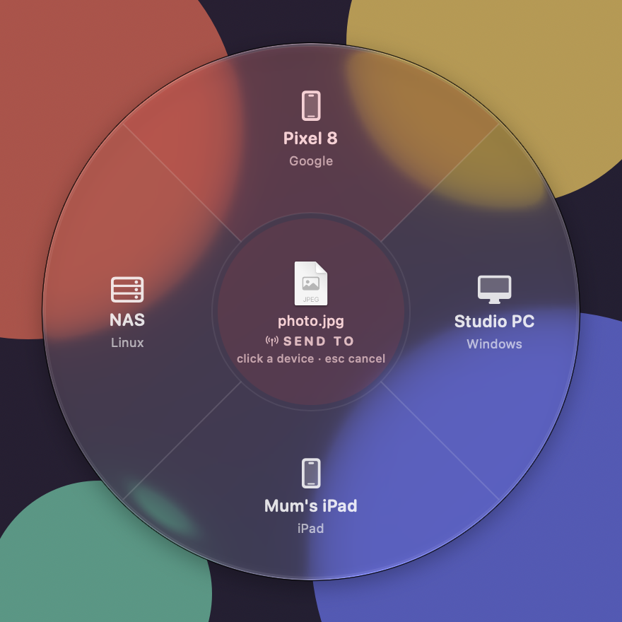 The Send to wheel around photo.jpg, listing four nearby LocalSend devices: a Pixel 8, a Windows PC, a Linux NAS and an iPad. The devices are demo entries.