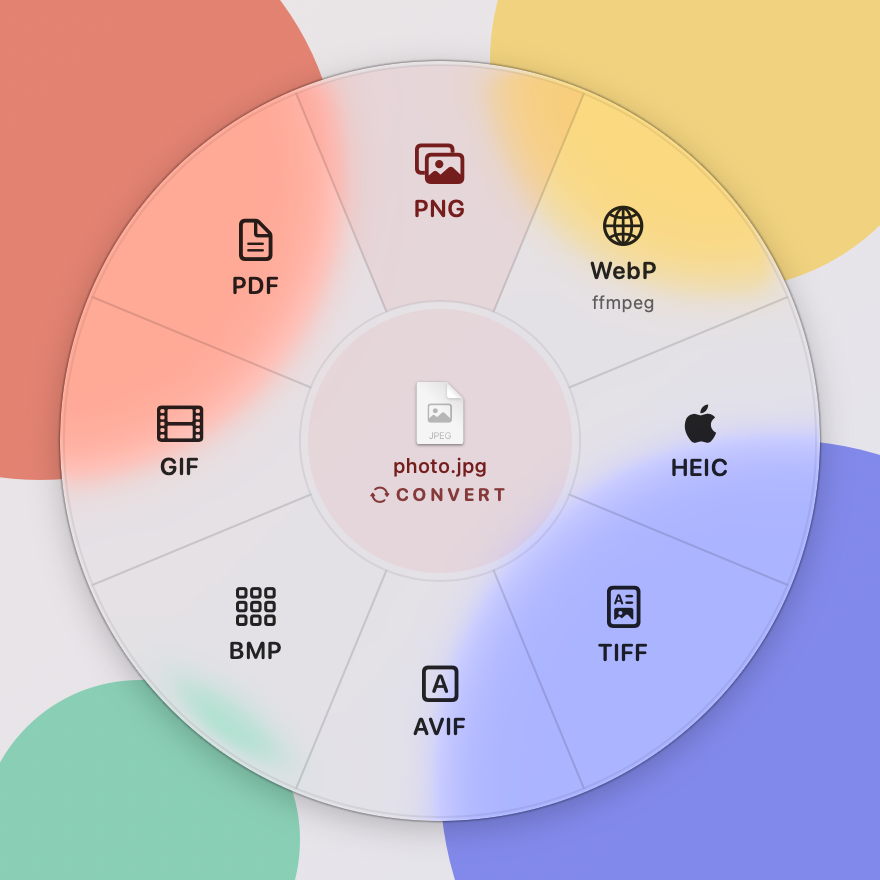 The Convert wheel in light mode around photo.jpg: PNG, WebP, HEIC, TIFF, AVIF, BMP, GIF and PDF.