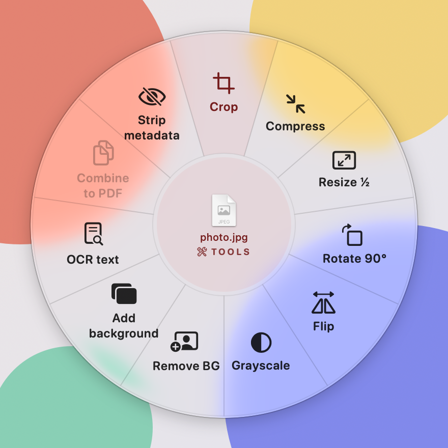 The Tools wheel in light mode around photo.jpg: Crop, Compress, Resize ½, Rotate 90°, Flip, Grayscale, Remove BG, Add background, OCR text, Combine to PDF and Strip metadata.